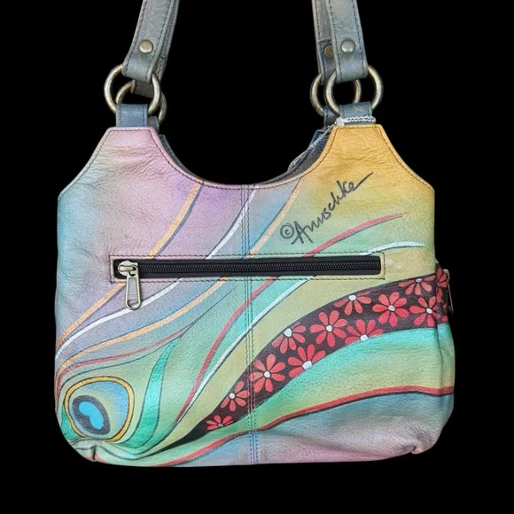 Anuschka Pastel Peacock Shoulder Bag multi pocket with 2 attached pouches NEW - Picture 3 of 11